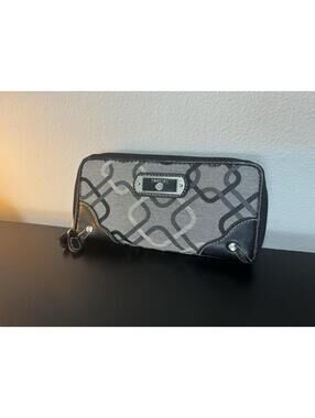 Trelise Cooper Monogram Zip Around Wallet Black Gray Canvas Leather Trim